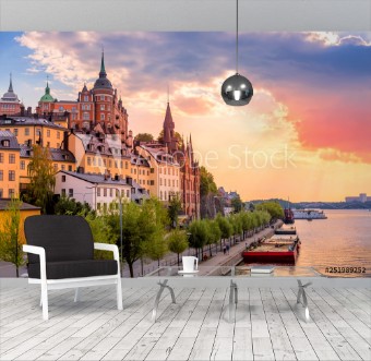 Picture of Stockholm Sweden Scenic summer sunset view with colorful sky of the Old Town architecture in Sodermalm district